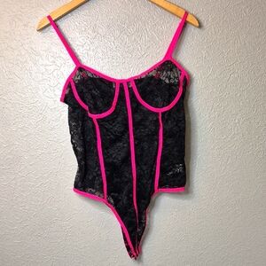 Y2K Pink and Black Lace‎ Lingerie Lace Bodysuit with Pink Trim Woman's SizeL